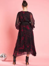 Women's Black V-Neck Bishop Sleeves Floral Printed Midi Opaque Party Dress