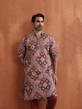 Men's Red Festive Printed Regular Fit Full Sleeves Kurta