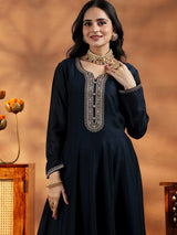 Women's Blue Floral Zari Embroidered Yoke Design Kurta With Trouser and Dupatta