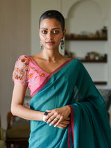 Women's Blue Cotton Blend Saree