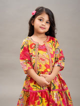 Girls Yellow & Red Digital Printed Gown Dress with Yellow Printed Jacket