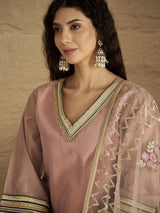 Women's Pink Kurta with Solid Ankle Length Palazzo and Embroidered Net Dupatta