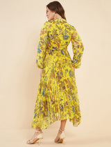 Women's Yellow Printed Pleated Puff Sleeves Belted Chiffon Fit & Flare Midi Dress