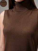 Women's Brown Casual Solid Sleeveless Sweater