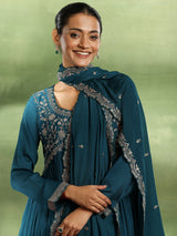 Women's Blue Floral Zari Embroidered Yoke Design Kurta with Solid Trouser and Embroidered Dupatta