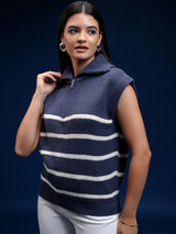 Women's Blue Casual Striped Sleeveless Sweater