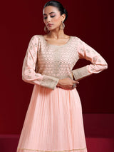 Women's Peach Floral Embroidered Panelled Mulmul Long Kurta With Trouser and Dupatta