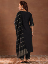 Women's Black Solid Straight Kurta and Solid Trouser with Self Design Dupatta