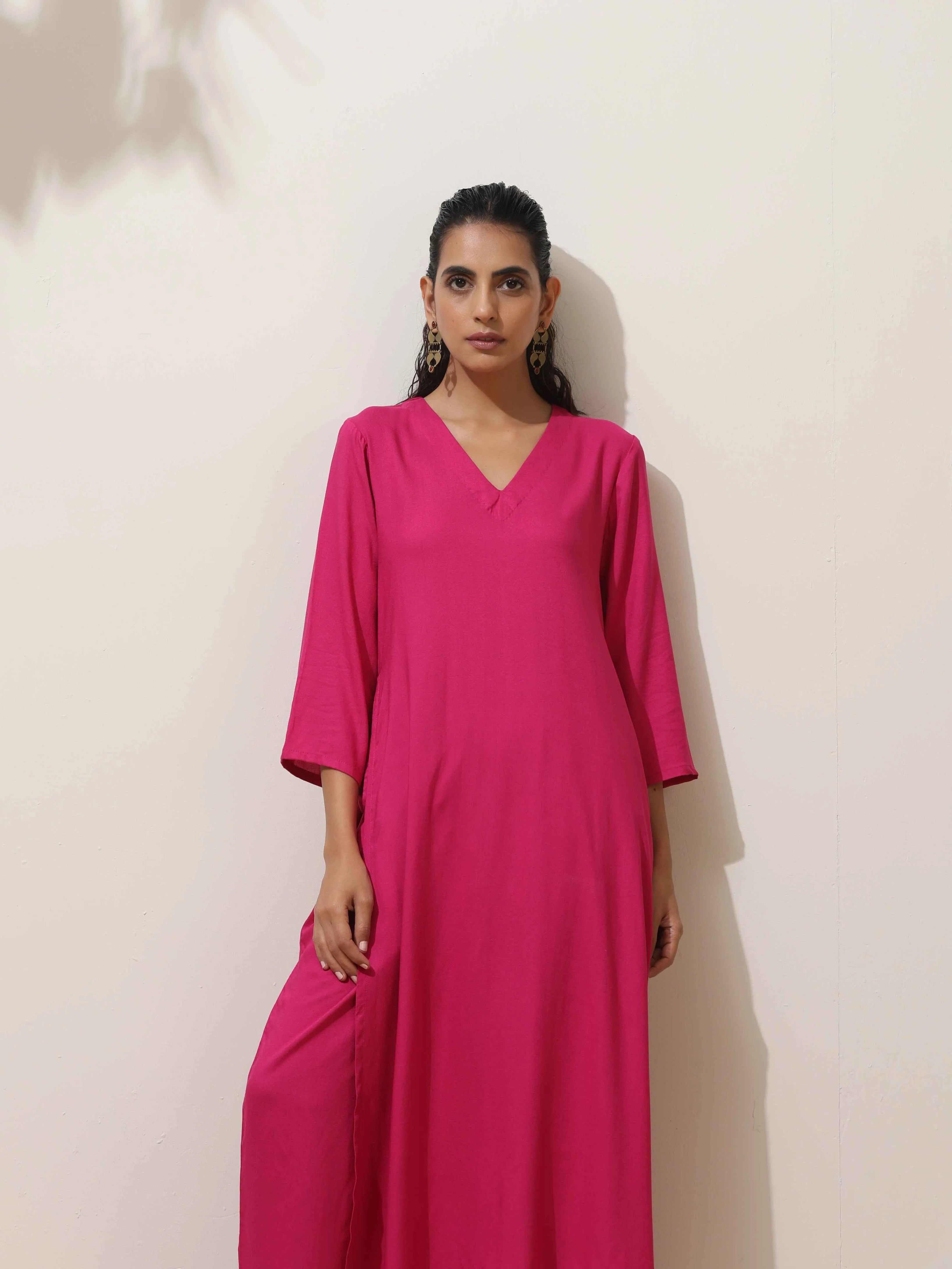 Women's Pink Casual Solid Kurta Set