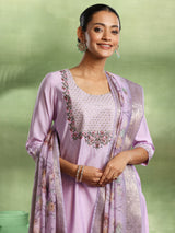 Women's Purple Silk Blend Yoke Design Straight Kurta and Trouser with Silk Blend Printed Dupatta