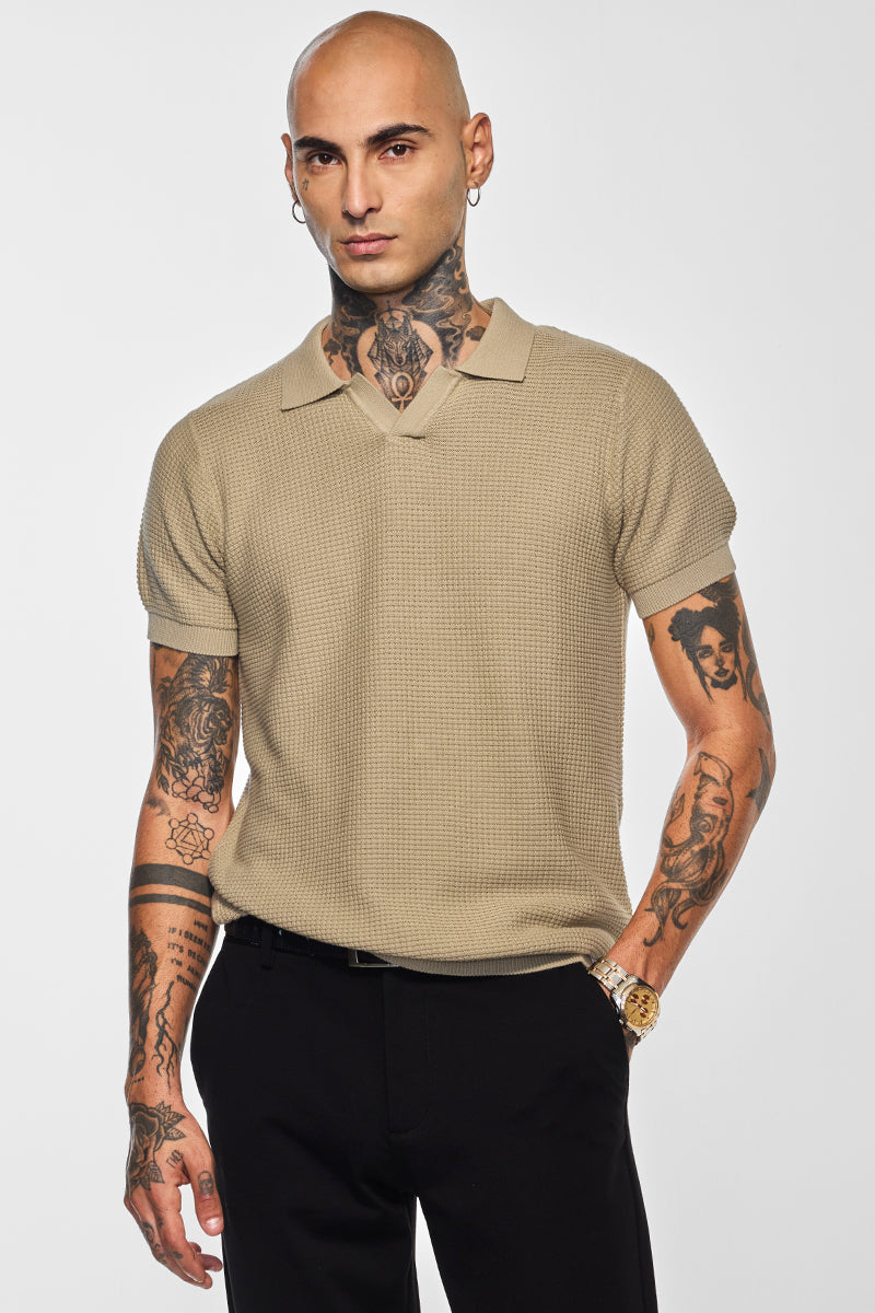 Men's Beige Casual Slim Fit Polo Tshirt