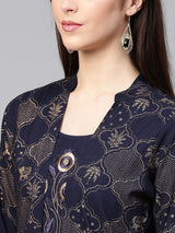 Women's Dark Blue Printed Kurta with Palazzos and Jacket
