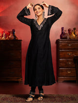 Women's Ethnic Black Flared Velvet Kurta Set with Dupatta