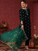 Women's Ethnic Velvet Green Straight Kurta Set with Dupatta