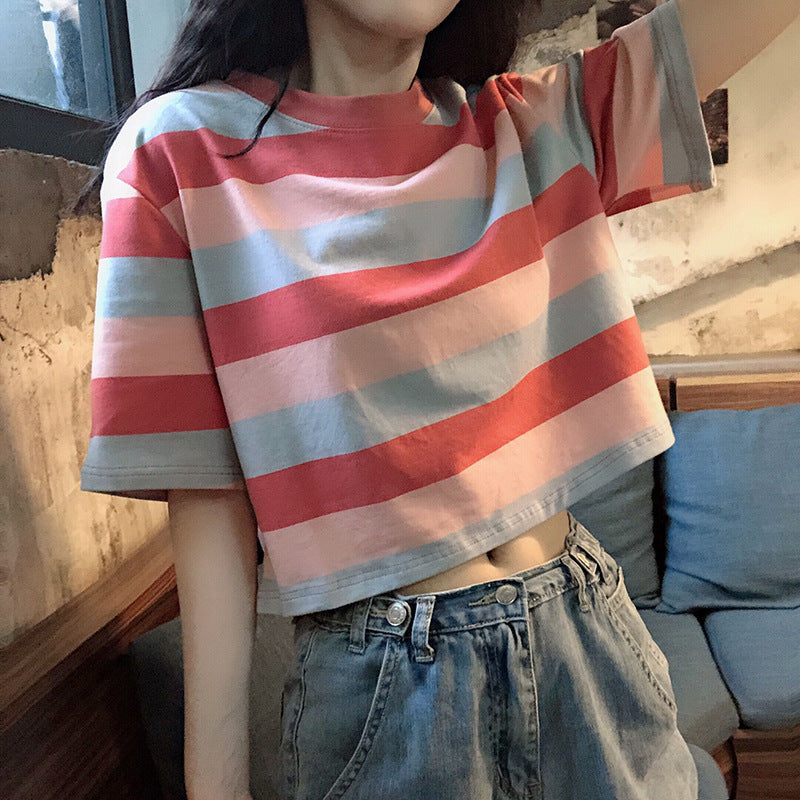Women's Pink Casual Regular Fit Striped Tshirt