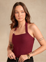Women's Maroon Halter Neck Metal Trim Detailing Tank