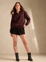 Women's Brown Solid Oversized Zipper Sweatshirt