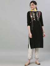 Women's Black Off-White Embroidered Kurta with Trousers