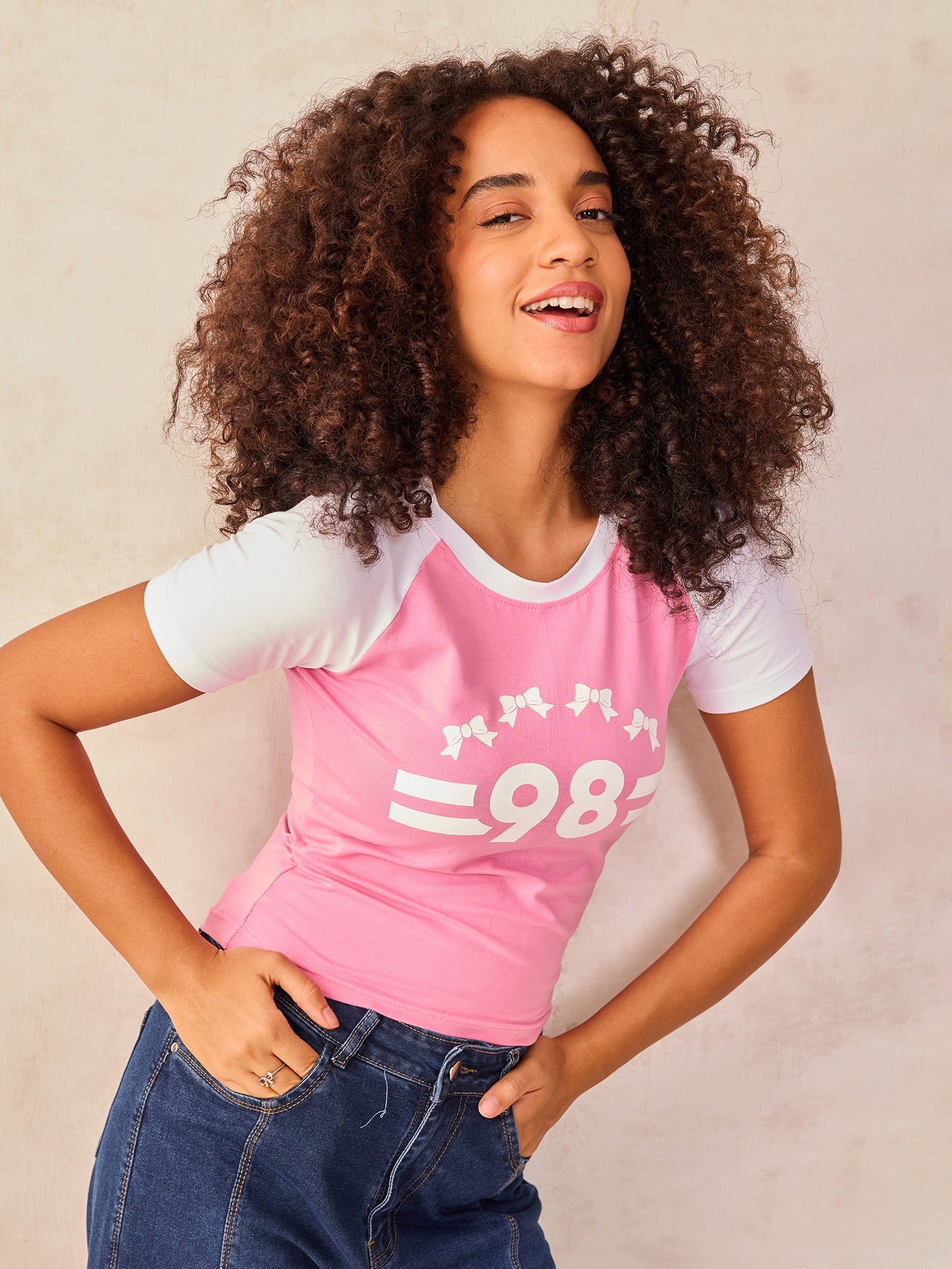Women's Pink Raglan Cropped Top With Graphic Print