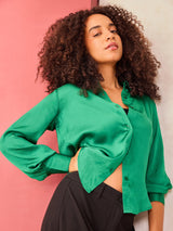 Women's Green Relaxed Fit Satin Shirt