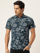 Men's Slim Fit Floral Printed Half Sleeves Cutaway Collar Casual Shirt