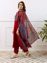 Women's Red Cotton 3 Pieces Kurta Set
