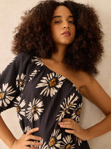 Women's Black One Shoulder Foral Mini Dress