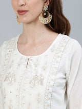 Women's Off White Ethnic Motifs Embroidered Pure Cotton Kurta with Trousers