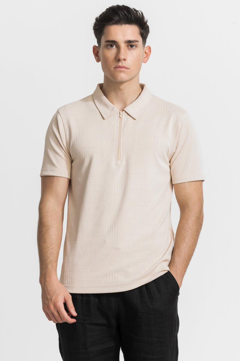 Men's Beige Casual Slim Fit Printed Half Sleeves Polo Tshirt