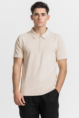 Men's Beige Casual Slim Fit Printed Half Sleeves Polo Tshirt