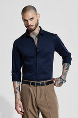 Men's Navy Party Slim Fit Solid Full Sleeves Shirt