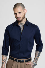 Men's Navy Party Slim Fit Solid Full Sleeves Shirt