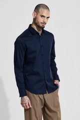 Men's Navy Party Slim Fit Solid Full Sleeves Shirt