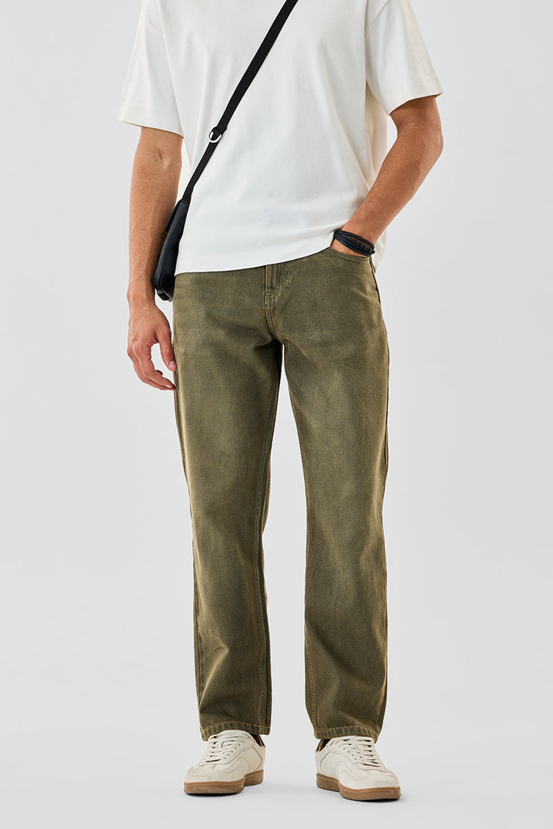 Men's Olive Casual Baggy Fit Solid Jeans