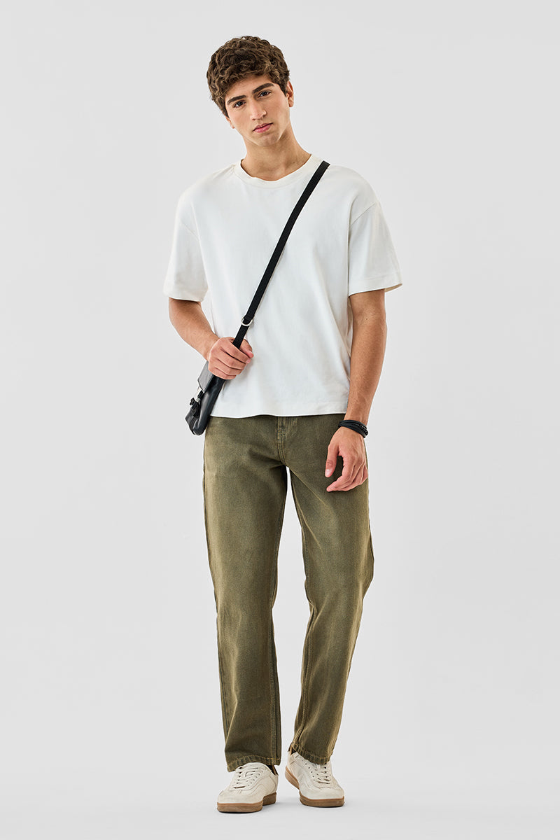 Men's Olive Casual Baggy Fit Solid Jeans