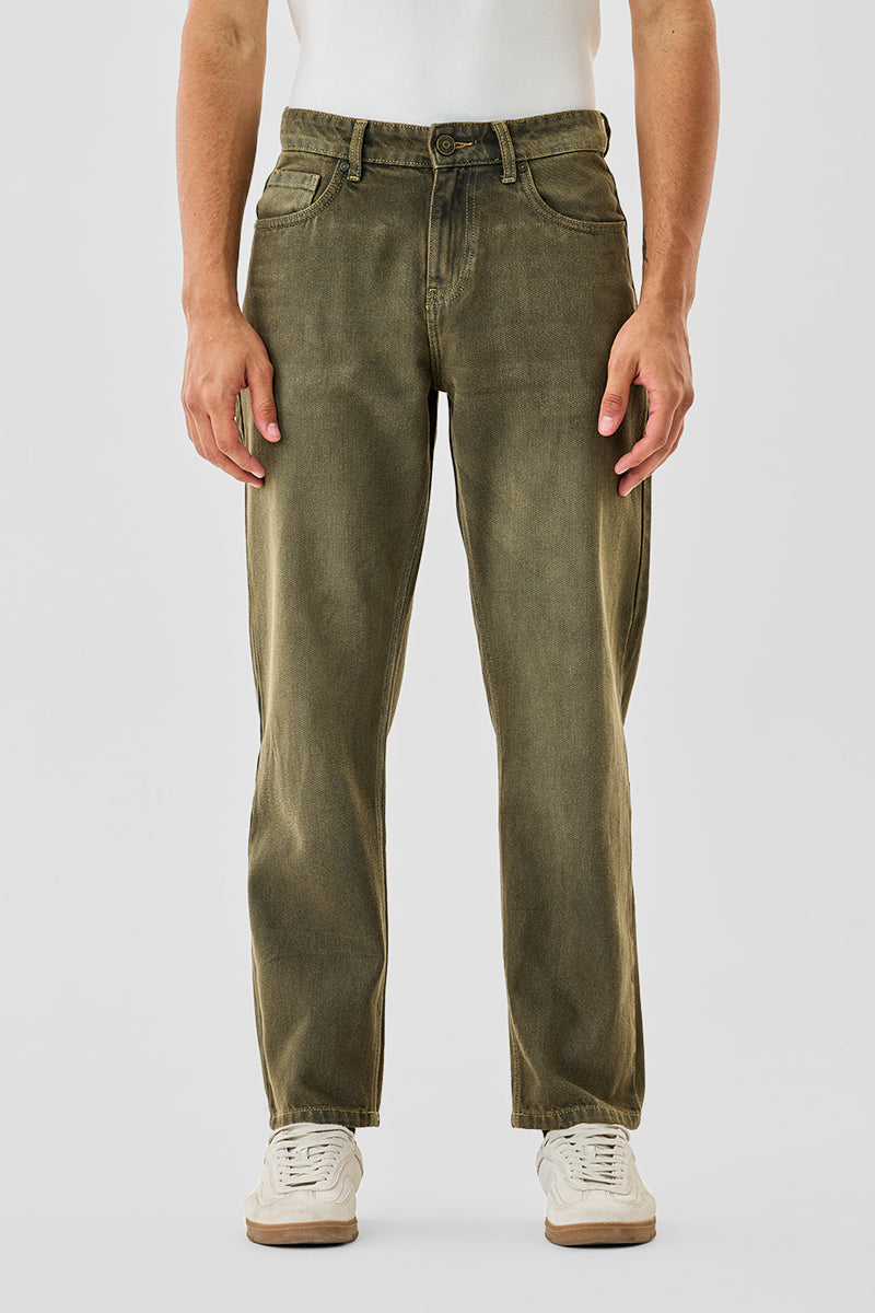 Men's Olive Casual Baggy Fit Solid Jeans