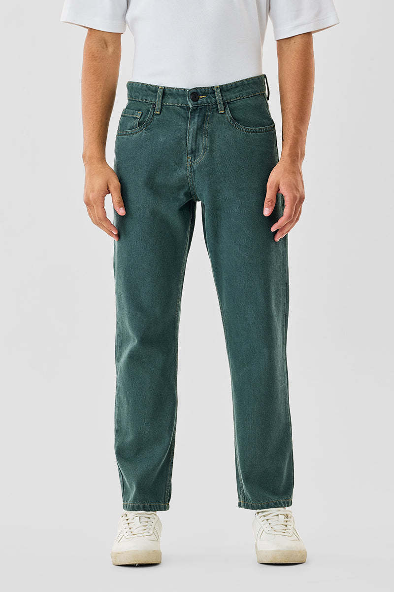 Men's Olive Casual Baggy Fit Solid Jeans