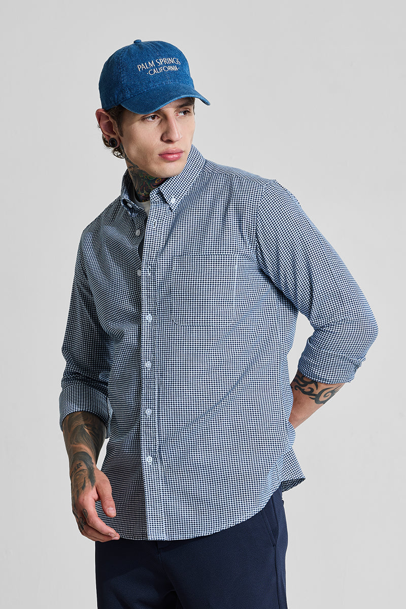 Men's Navy Casual Slim Fit Checkered Full Sleeves Shirt