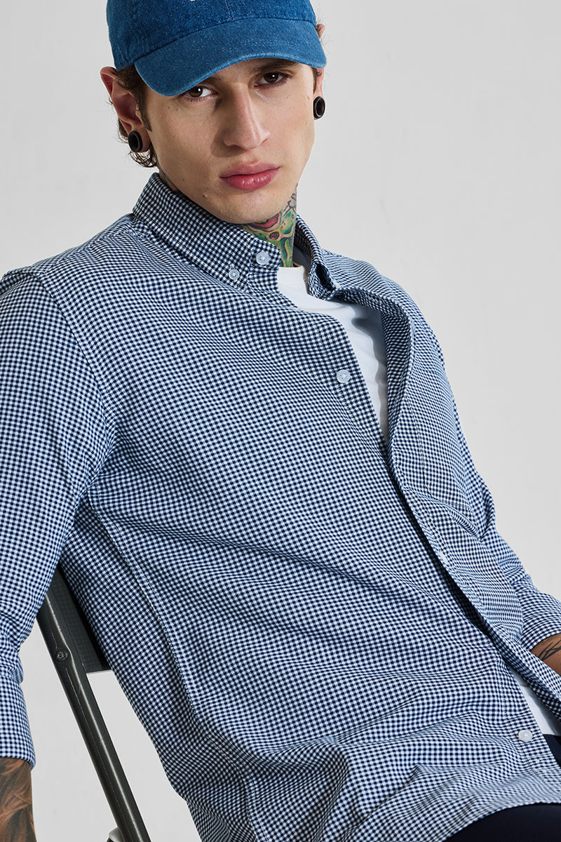 Men's Navy Casual Slim Fit Checkered Full Sleeves Shirt