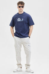 Men's Navy Casual Oversized Fit Printed Half Sleeves Tshirt