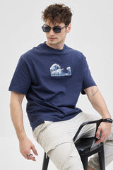 Men's Navy Casual Oversized Fit Printed Half Sleeves Tshirt