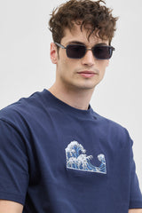 Men's Navy Casual Oversized Fit Printed Half Sleeves Tshirt