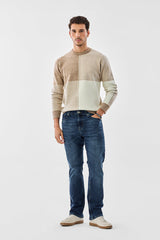 Men's Beige Casual Regular Fit Colorblocked Full Sleeves Sweater