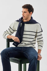Men's White Casual Regular Fit Striped Full Sleeves Sweater