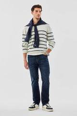 Men's White Casual Regular Fit Striped Full Sleeves Sweater