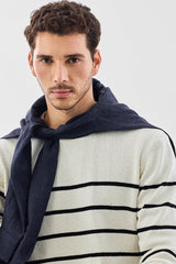 Men's White Casual Regular Fit Striped Full Sleeves Sweater