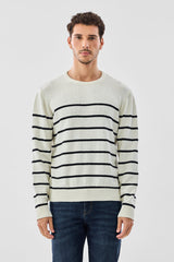 Men's White Casual Regular Fit Striped Full Sleeves Sweater