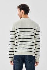 Men's White Casual Regular Fit Striped Full Sleeves Sweater