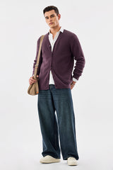 Men's Purple Casual Regular Fit Textured Full Sleeves Cardigan