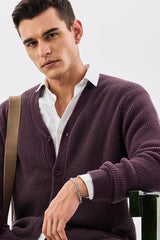 Men's Purple Casual Regular Fit Textured Full Sleeves Cardigan